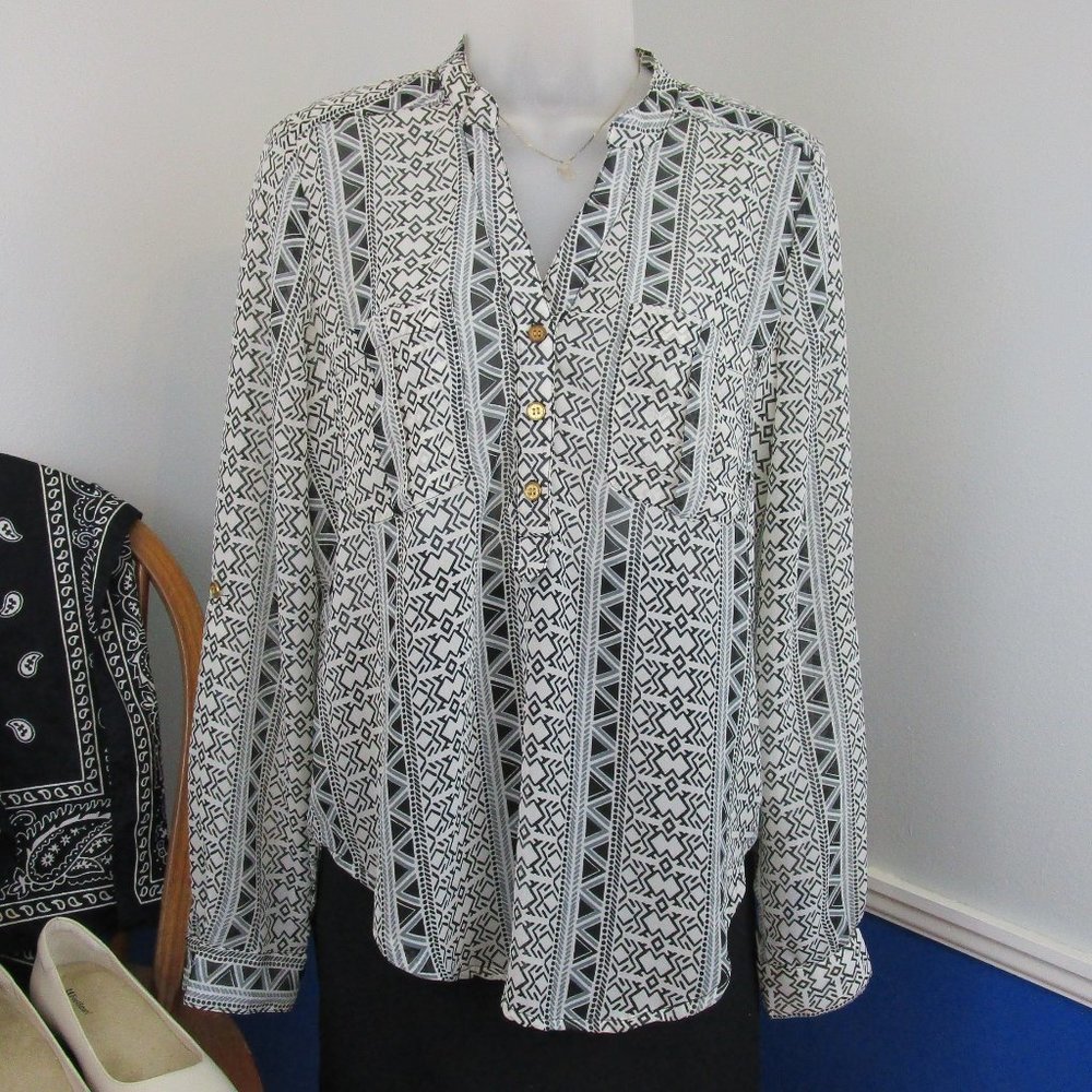 A.N.A V-Neck Popover Tunic Roll-Tab Blouse